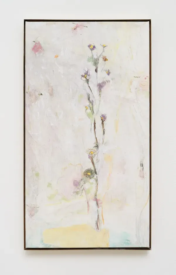 Willa Wasserman, Still life with yellow vase and roses pinned to curtain
