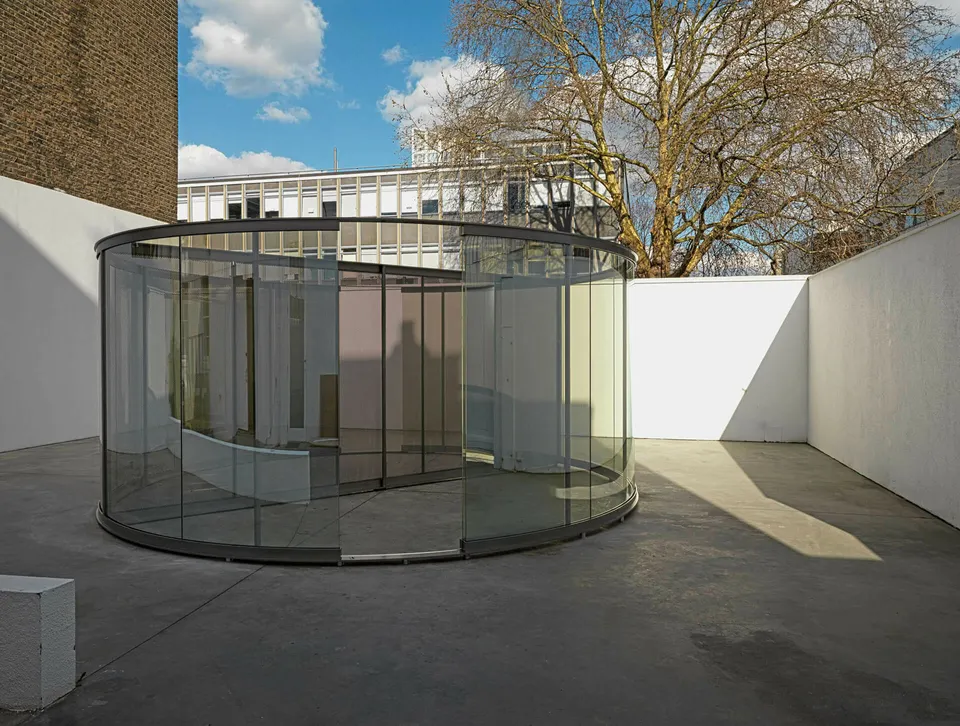 Dan Graham, Two-Way Mirror Cylinder Bisected By Perforated Stainless Steel