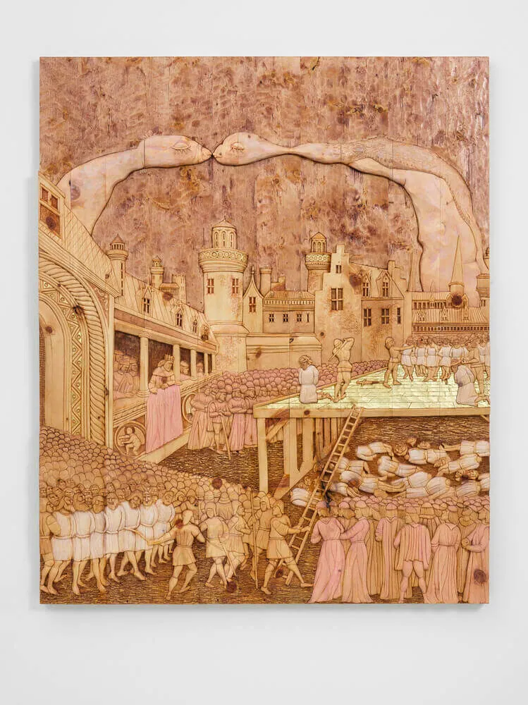 Wael Shawky, Cabaret Crusades: Relief of the Siege of Jerusalem 1189-91 (after Jean Colombe's After the capture of Acre 1189 by Bourges,1475)