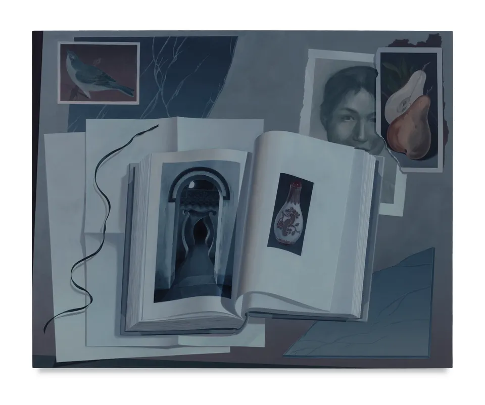 Olivia Jia, Night reading (garden path, a pear halved, portrait of my mother, two birds)