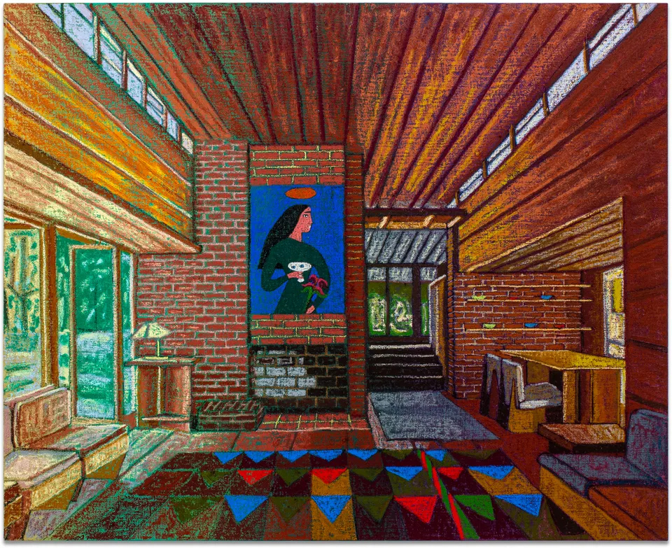 JJ Manford, Alfredo Volpi-Inspired Tapestry in a Frank Lloyd Wright Interior