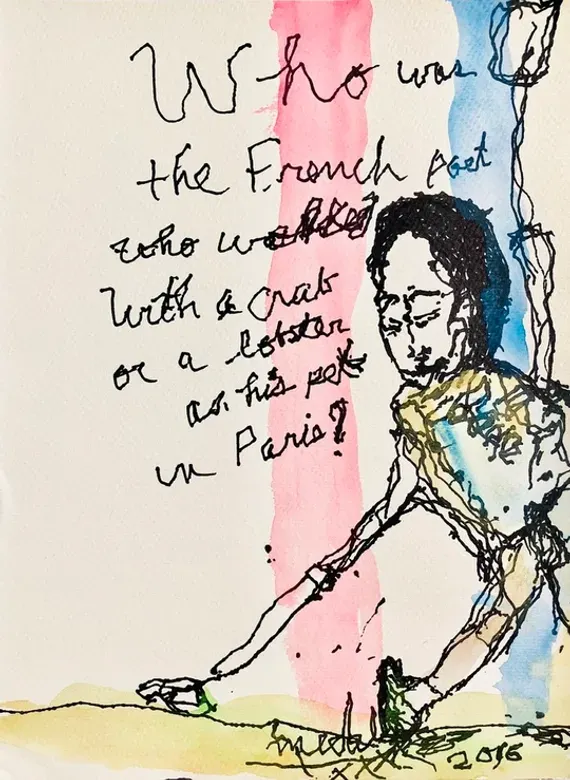 David Medalla, Who was the French poet who walked with a crab or a lobster as a pet in Paris?