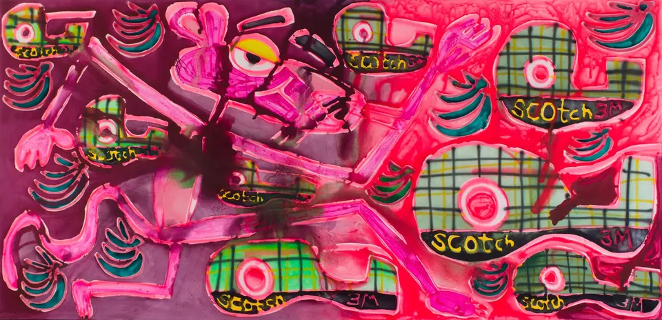 Katherine Bernhardt, Pink panther + scotch tape + green plantains