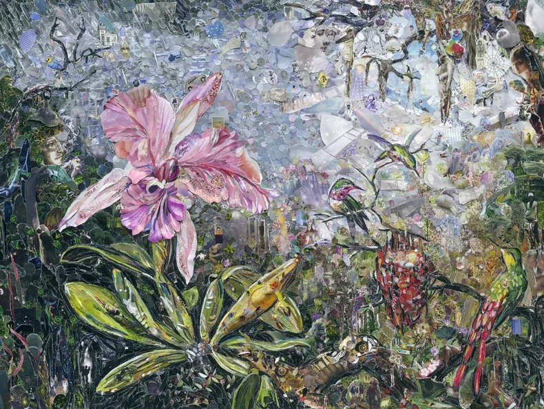 Vik Muniz, pictures of magazine 2: orchid and three brazilian hummingbirds, after martin johnson heade