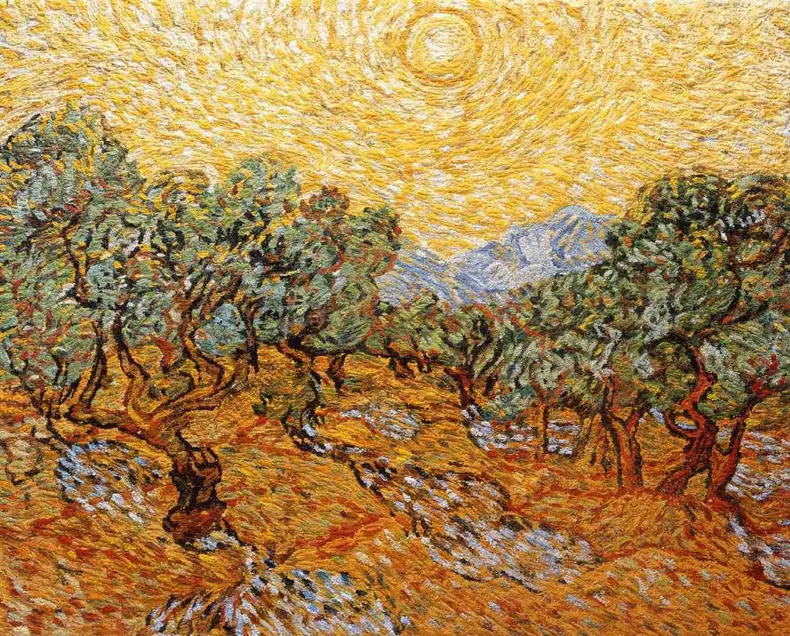 Vik Muniz, pictures of pigment: olive trees with yellow sky and sun, after van gogh