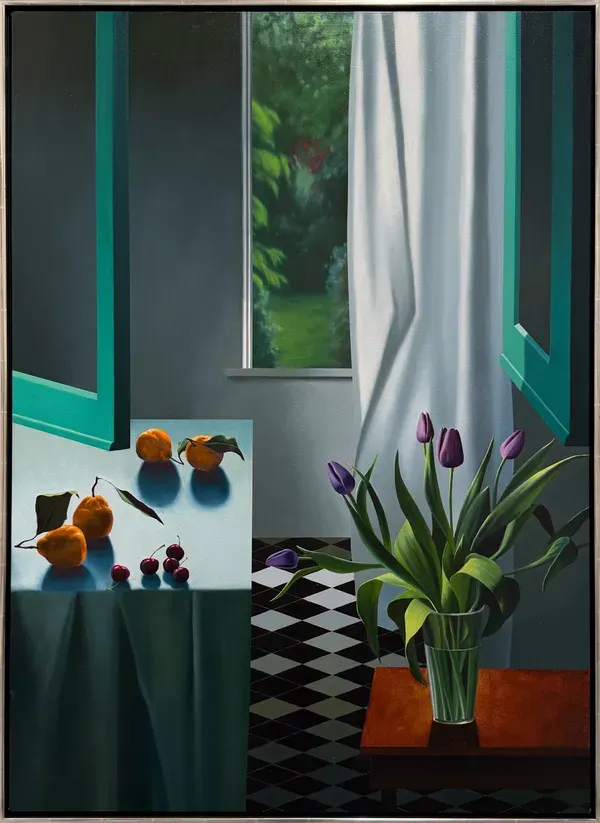 Bruce Cohen, Interior with Tangerines and Purple Tulips