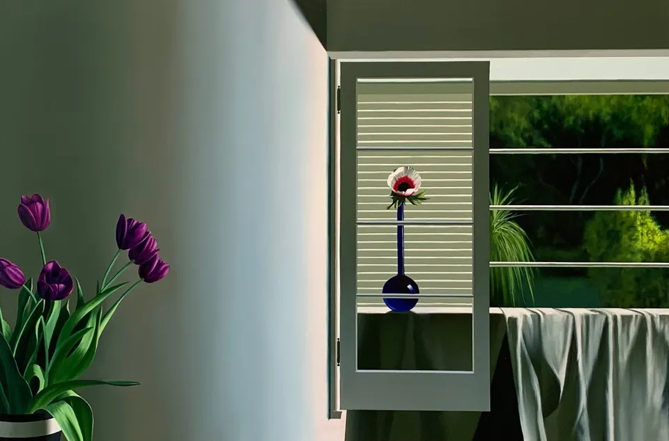 Bruce Cohen, Interior with Purple Tulips and Anemone