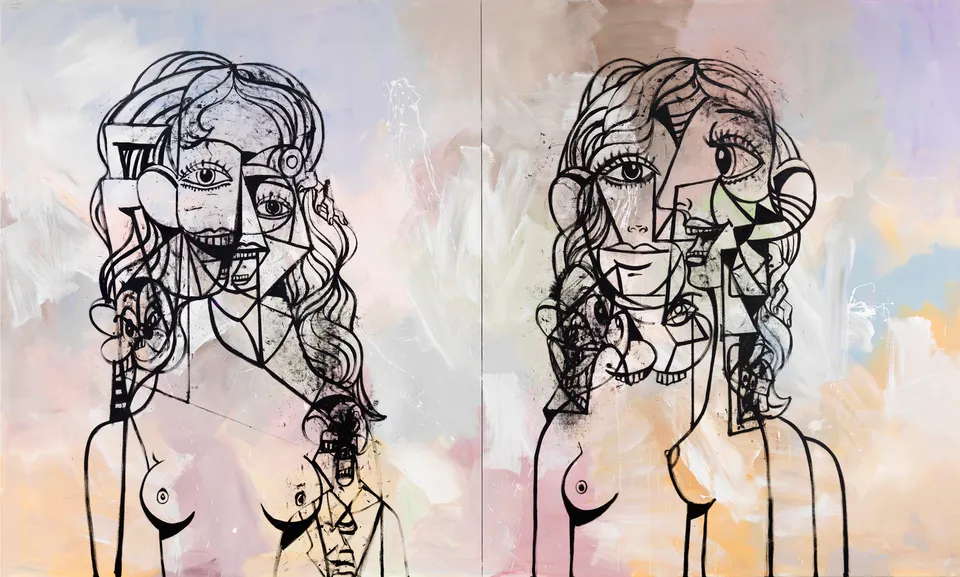 George Condo, Double Heads Composition on Abstract Field