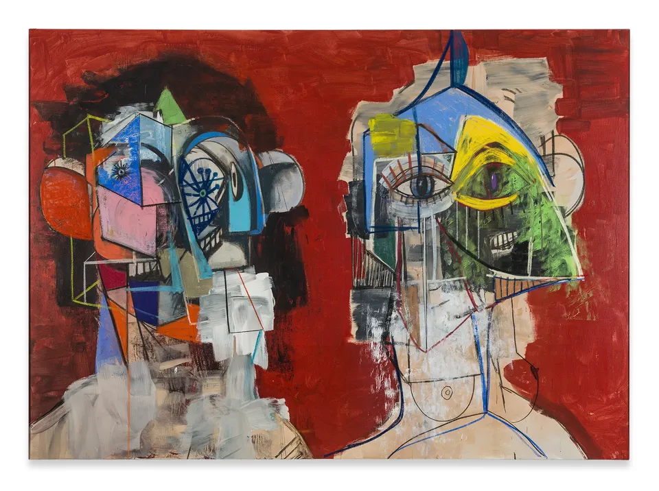 George Condo, Double Heads on Red