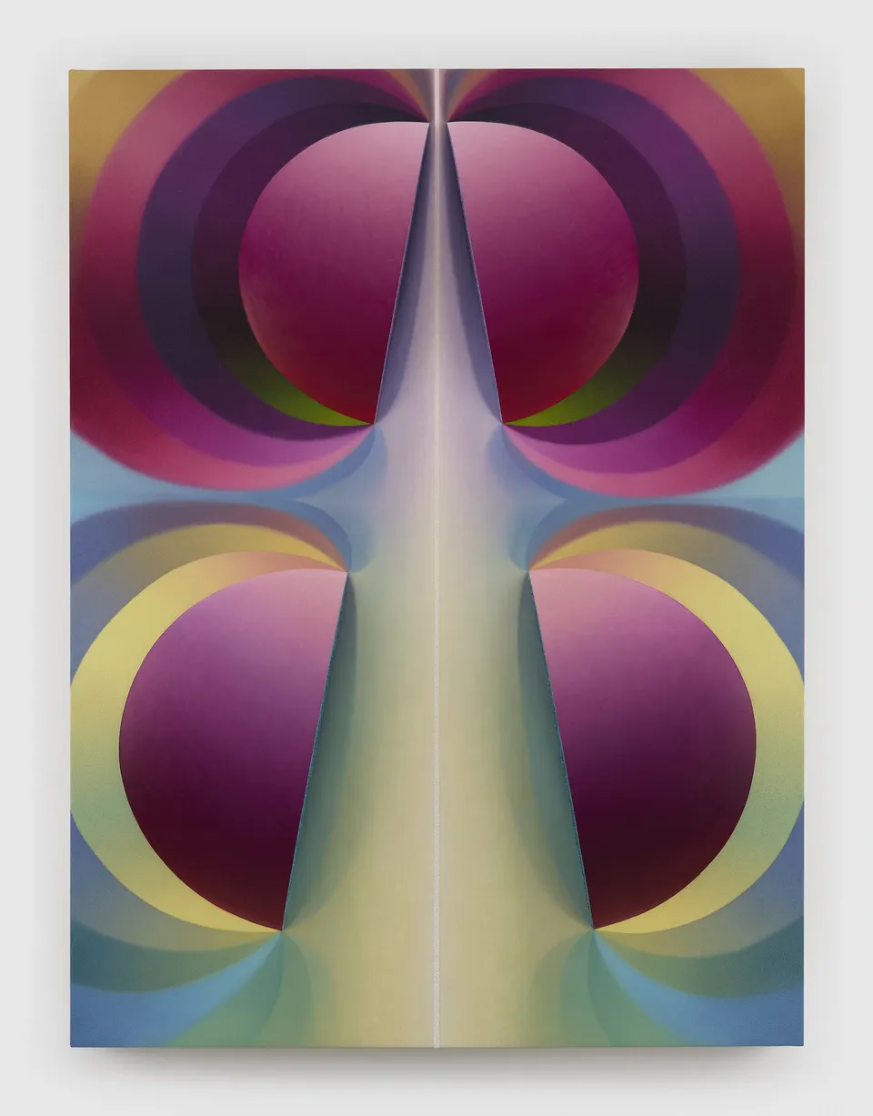 Loie Hollowell, Split Orbs in fuchsia, yellow, blue and purple