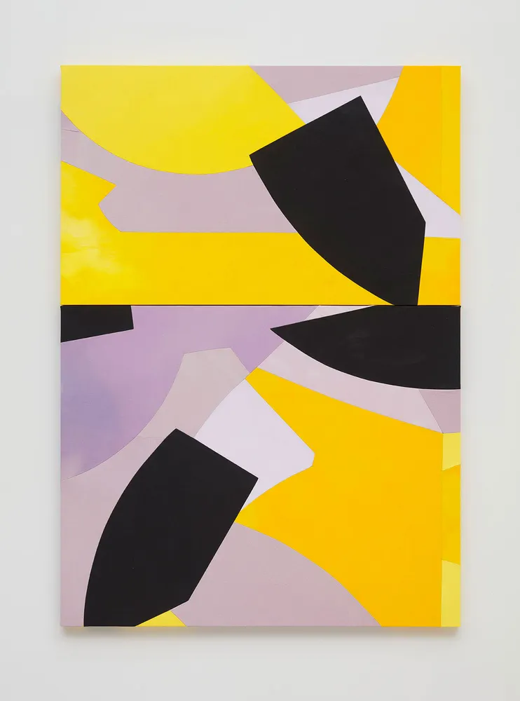 Sarah Crowner, Falling Black Shapes, Yellow and Lilac