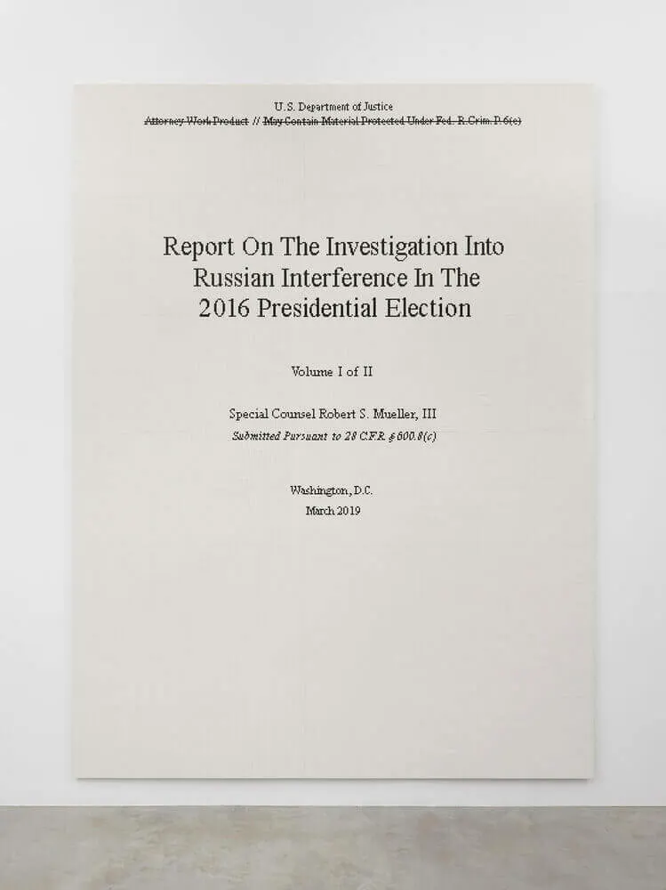 Ai Weiwei, The Cover Page of The Mueller Report, Submitted to Attorney General William Barr by Robert Mueller on March 22, 2019
