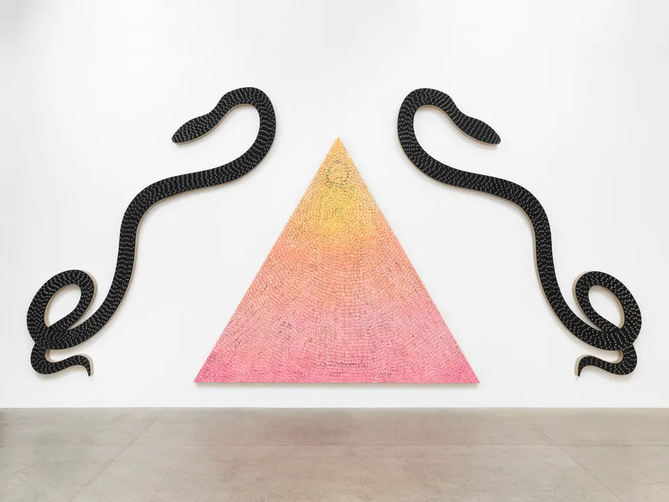 Jennifer Guidi, Guardians of Light (Triptych: Painted Universe Mandala Triangle SF #2T, Yellow to Pink Gradient, Natural Ground; White #2PT, Black Sand SF #1S, Black Ground; White #3PT, Black Sand SF #2S, Black Ground)