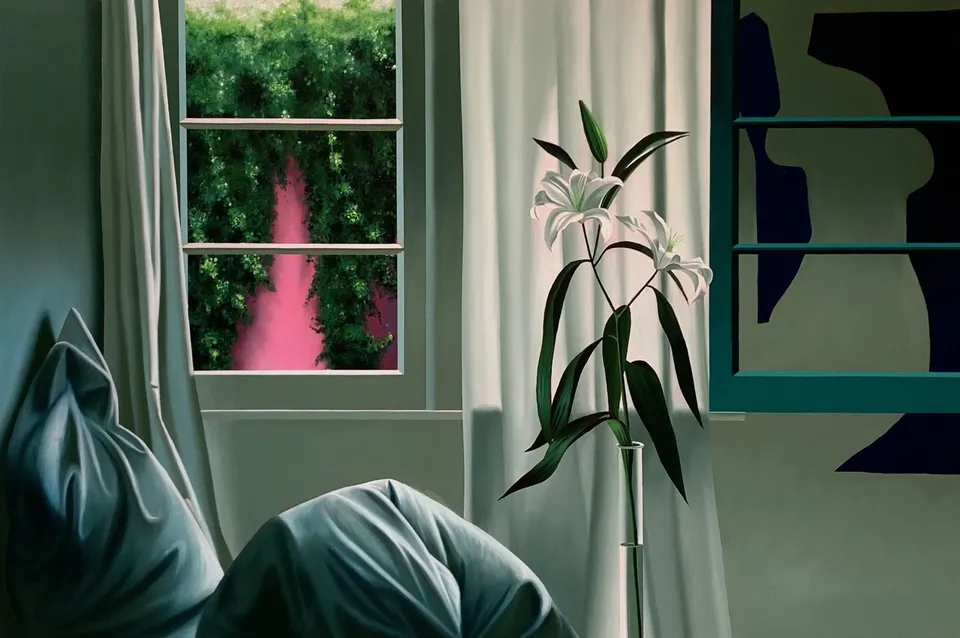Bruce Cohen, Interior with Lilies, Pink Wall and Matisse Cut-Out