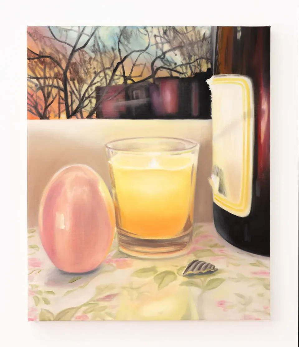 Cait Porter, Wine Bottle with Ceramic Egg and Candle