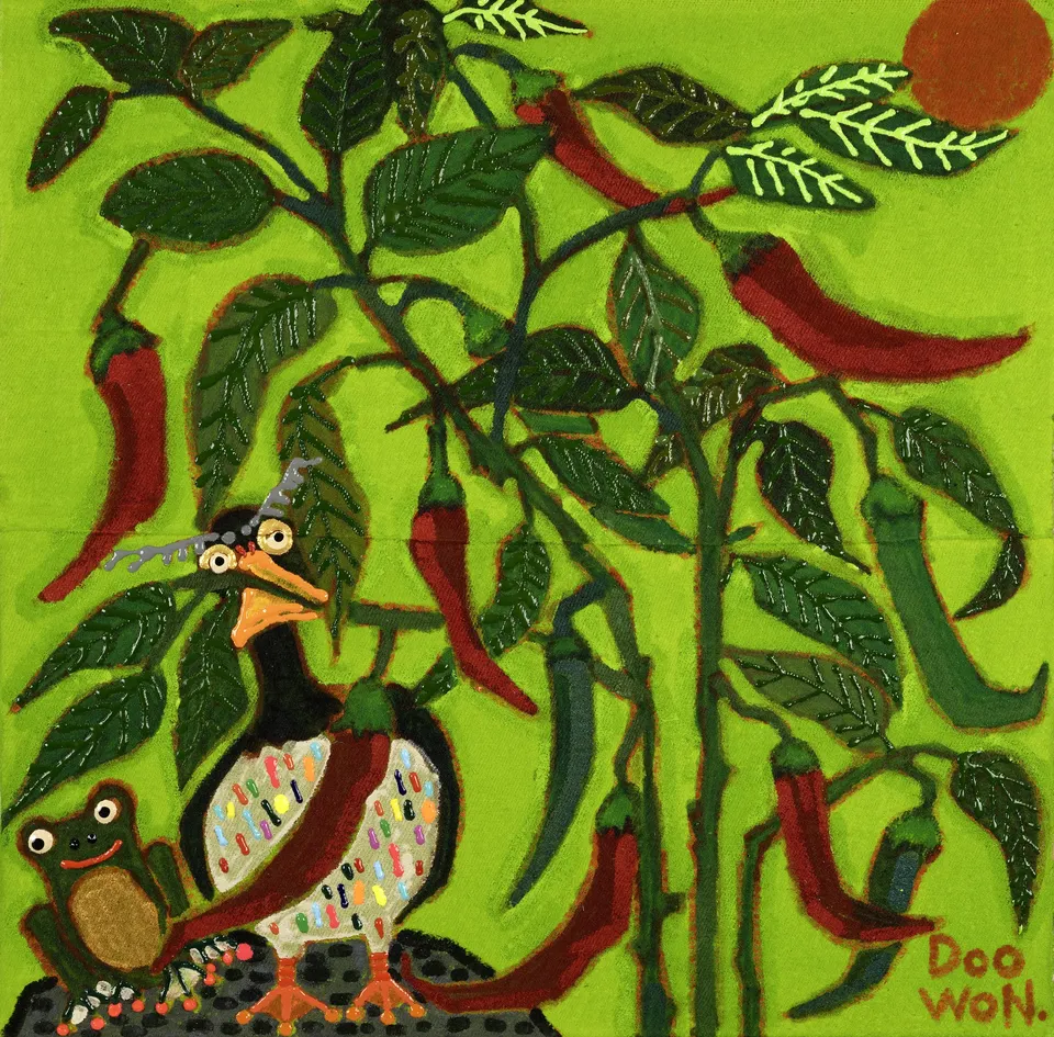 Doowon Lee, Black Duck and Frog on a Rock Beneath Chili Plants