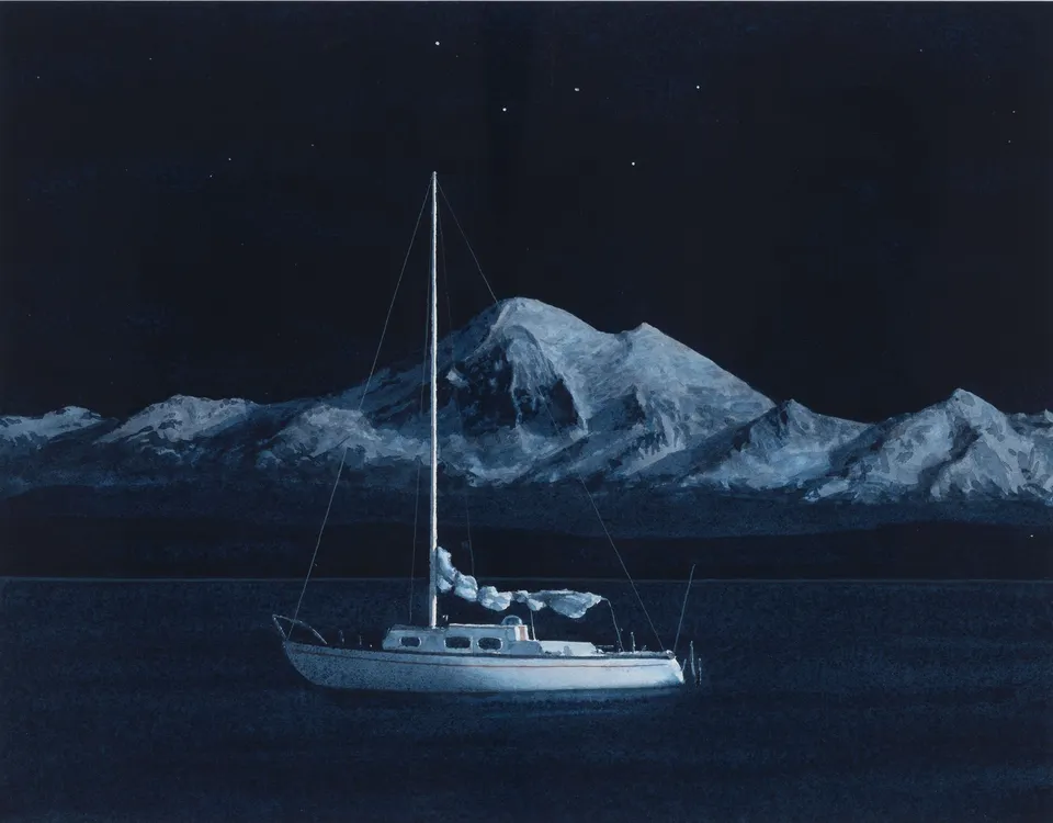 Tim Gardner, Sailboat in Moonlight with Mt. Baker and Cassiopeia