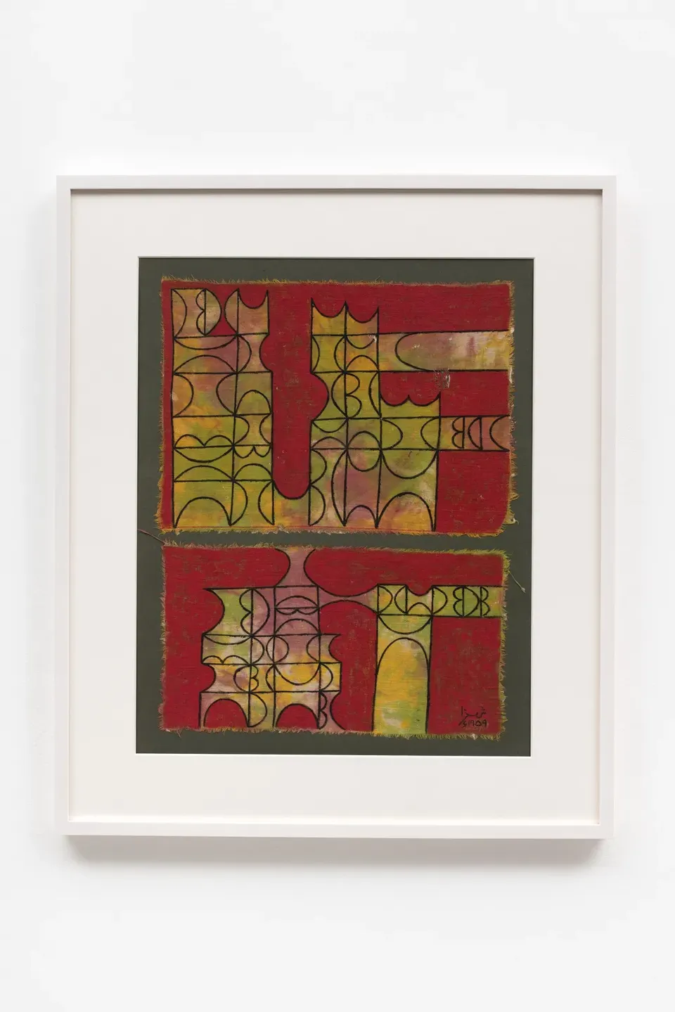 Anwar Jalal Shemza, Composition in Lime Green on a Crimson Background