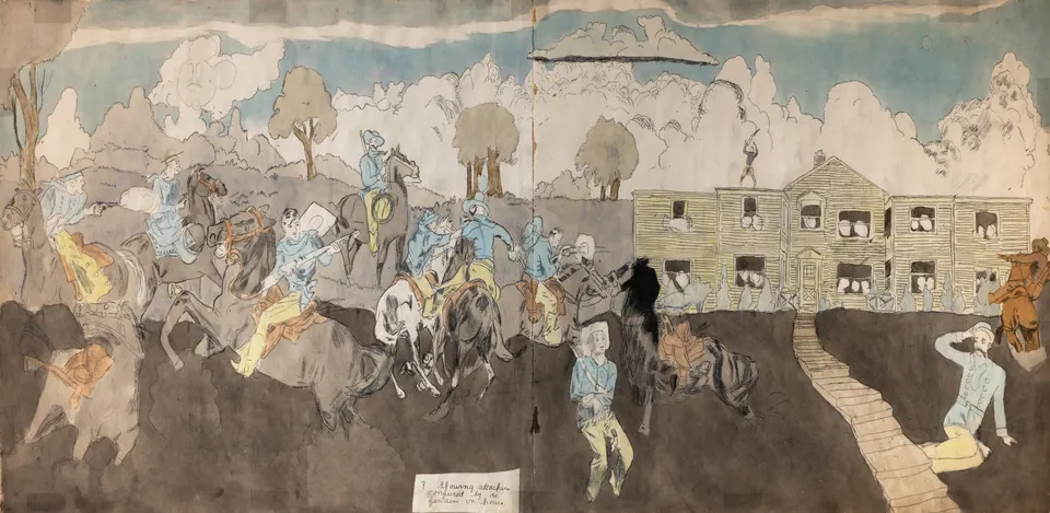 Henry Darger, Untitled (3 Slowing Attackers Confused by Defenders in House), recto