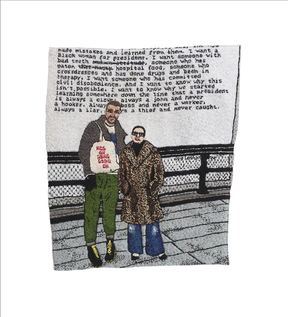 LJ Roberts, Alex Fialho and Esther McGowan in front of Zoe Leonard’s I want a president