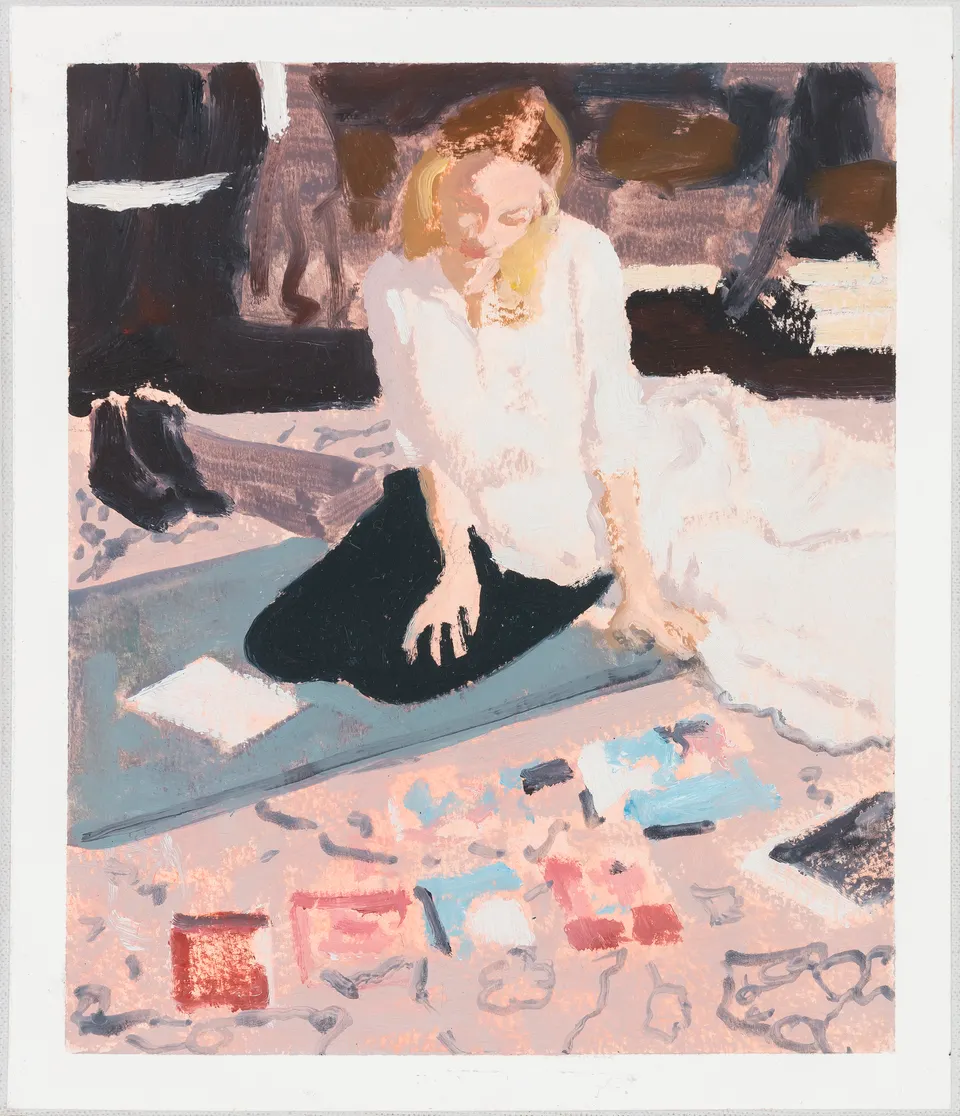 Ian Grose, Loulou looking at Doren Langberg on my carpet
