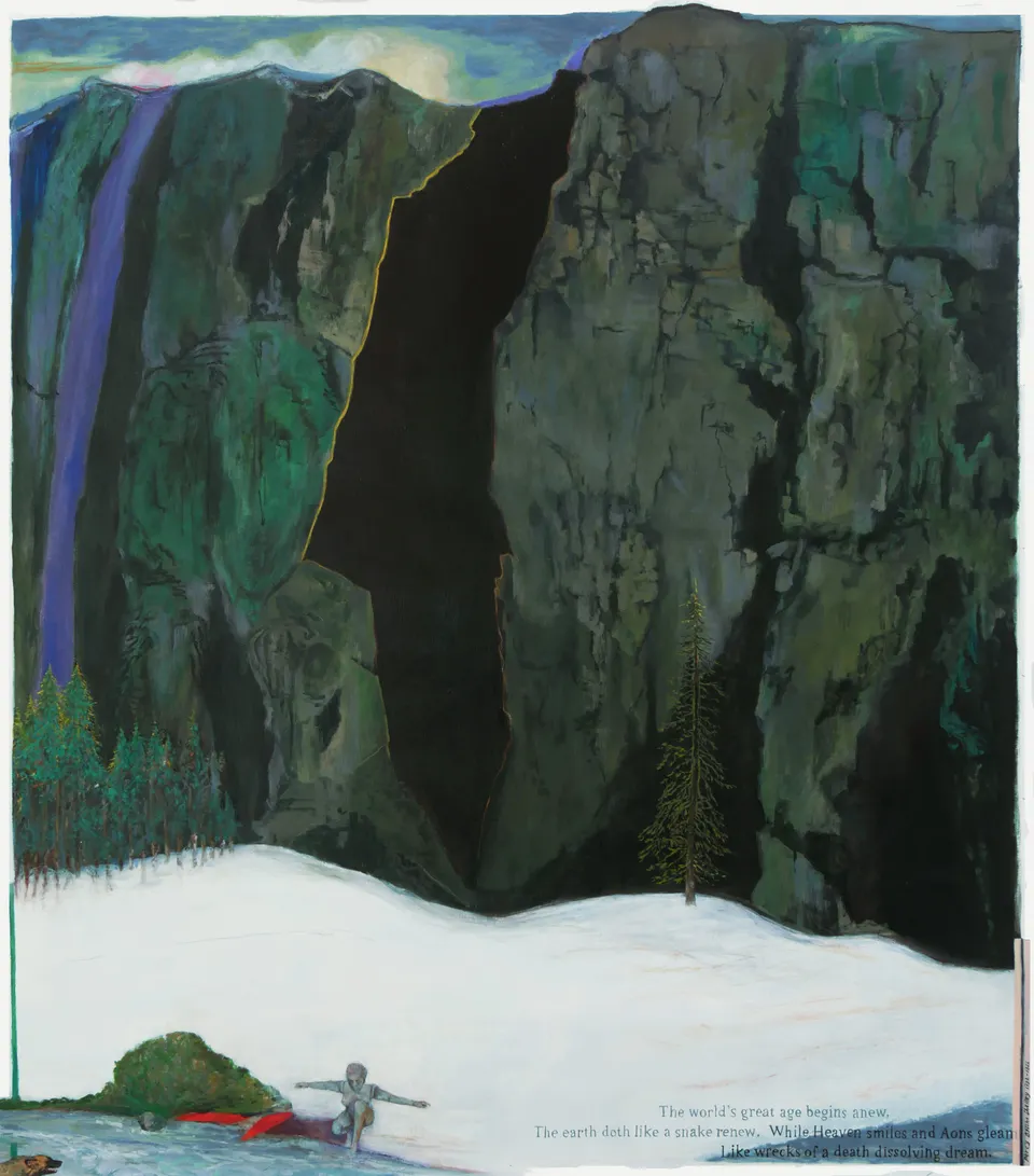 Jo Baer, Snow-Laden Primeval (Meditations, on Log Phase and Decline rampant with Flatulent Cows and Carbon Cars)