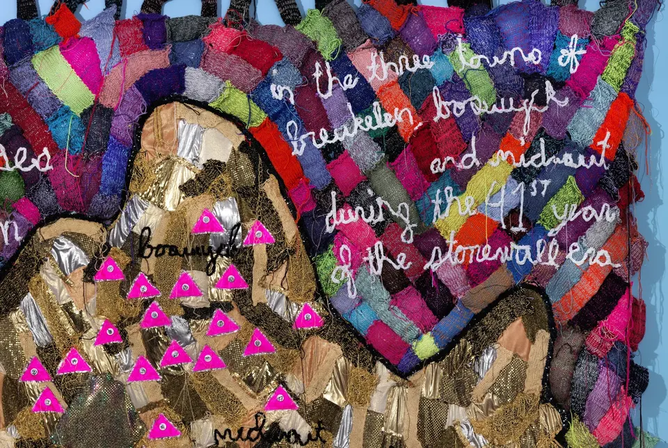 LJ Roberts, The Queer Houses of Brooklyn in the Three Towns of Breukelen, Boswyck, and Midwout during the 41st Year of the Stonewall Era (based on a 2010 drawing by Daniel Rosza Lang/Levitsky with 24 illustrations by Buzz Slutzky on printed pin-back buttons)